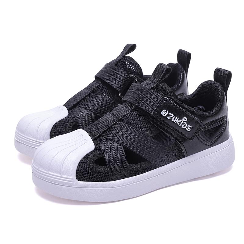 

Детская летняя модная однотонная дышащая повседневная обувь на липучках для отдыха на открытом воздухе сандалии пляжная обувь спортивная обувь 24 чёрный