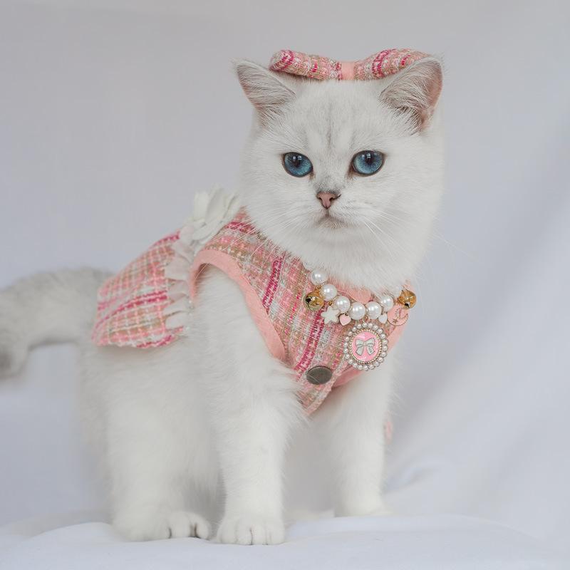 Cute Cat Skirt Necklace Hair Accessory Set High Quality Pearl Plaid Jacket Soft Texture Kitten Dress for Party Shooting Clothes
