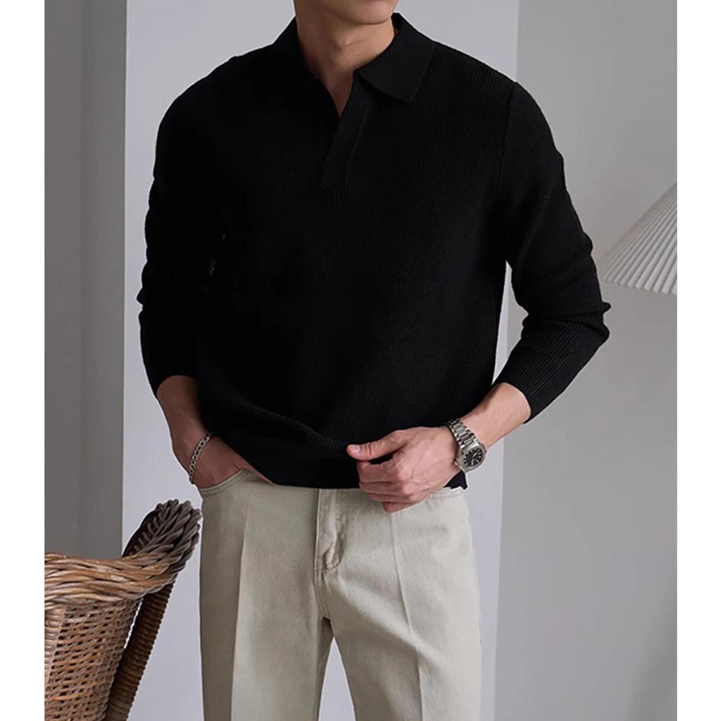 Men's Heavyweight V-Neck Knit Pullover Sweater - Autumn/Winter Warm Long Sleeve Polo Outerwear