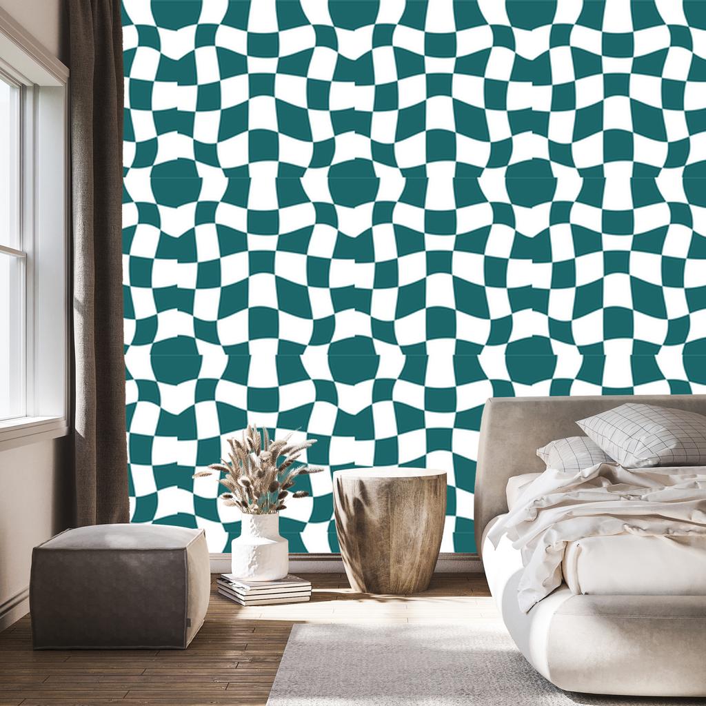 Wallpaper Casual Checkerboard Turquoise, White and Light Gray 50x1000