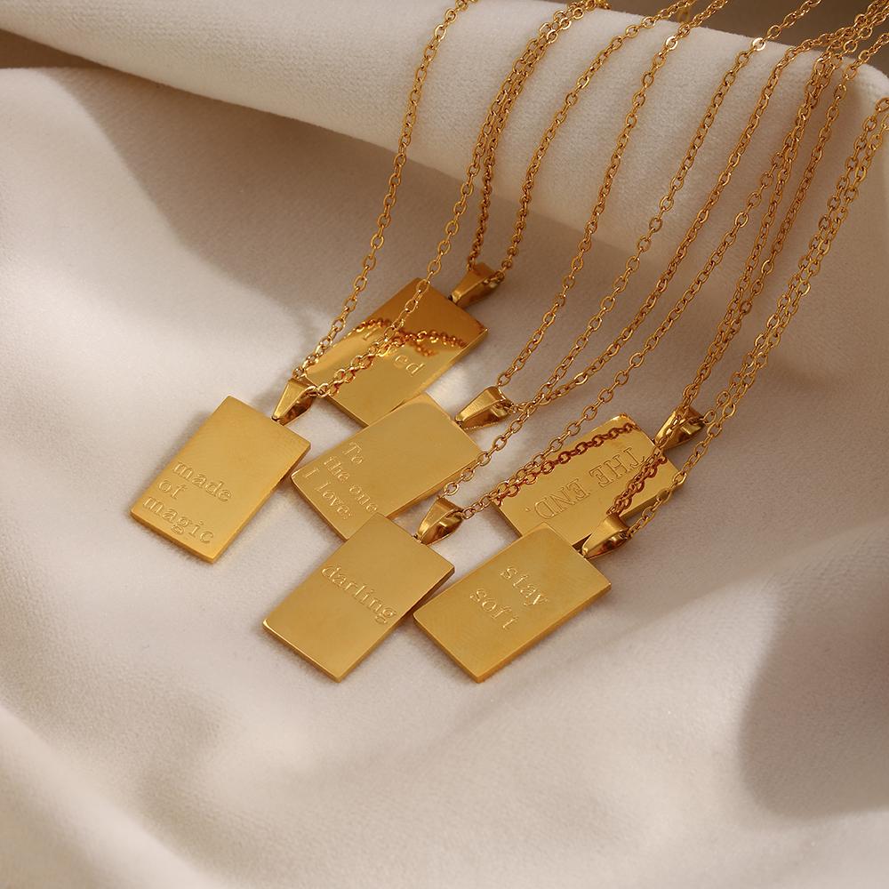 MamacitaSlay New Vintage Couple Jewelry Motto Engraved Square Pendant Necklace 18k Gold Plated Necklaces for Women Men Jewelry