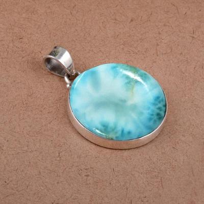 Natural Larimar Round Pendant, Handmade Jewelry, Reiki Pendant, Designer Pendant, Birthstone Jewelry, 925 Sterling Silver