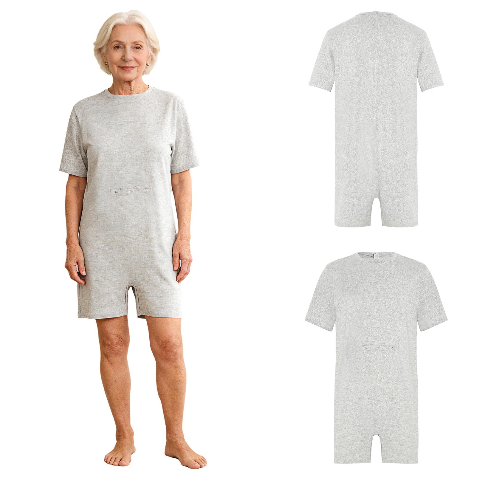 Spezieller adaptiver Romper für Frauen, kurzärmelig, mit Shorts, Reißverschluss hinten, Bodysuit mit Zugang für Ernährungssonde für die tägliche Pflege XL grau