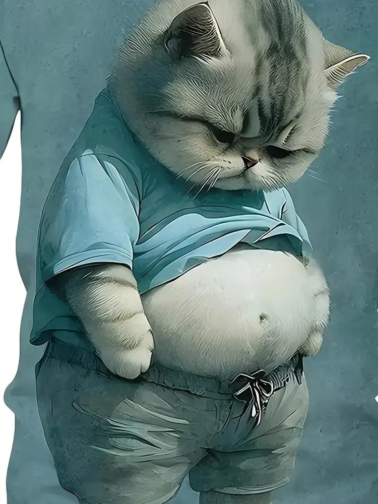 Men's Funny Fat Cat Graphic T-Shirt Casual Crew Neck Short Sleeve Tee