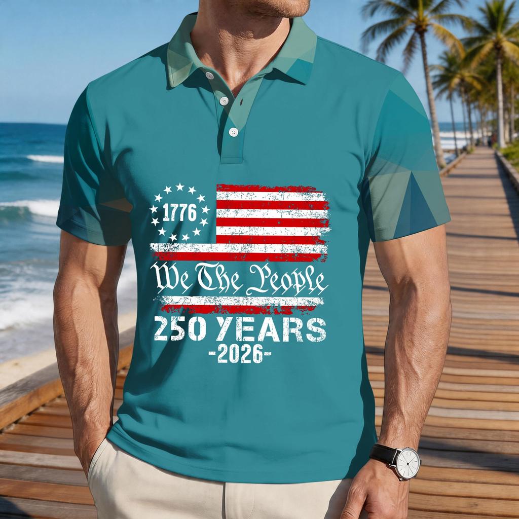 Men's Loose Fit Casual Polo Shirt Short Sleeve Printed Flag Graphic Button Collar Comfortable Summer Top