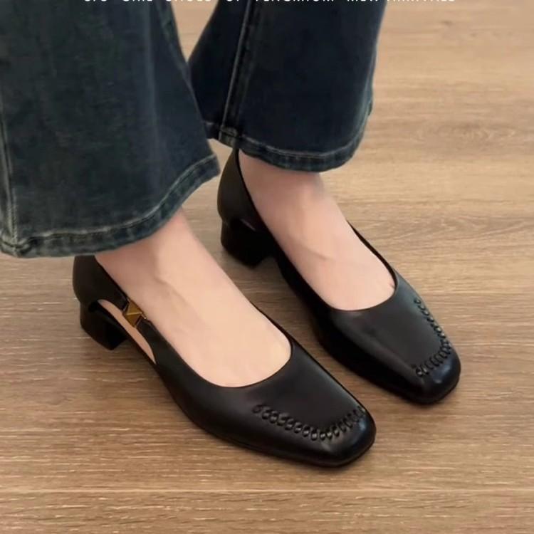 Sheepskin version~ retro shallow mouth square head side empty metal single shoes women's one-pedal commuting thick heel with skirt sandals