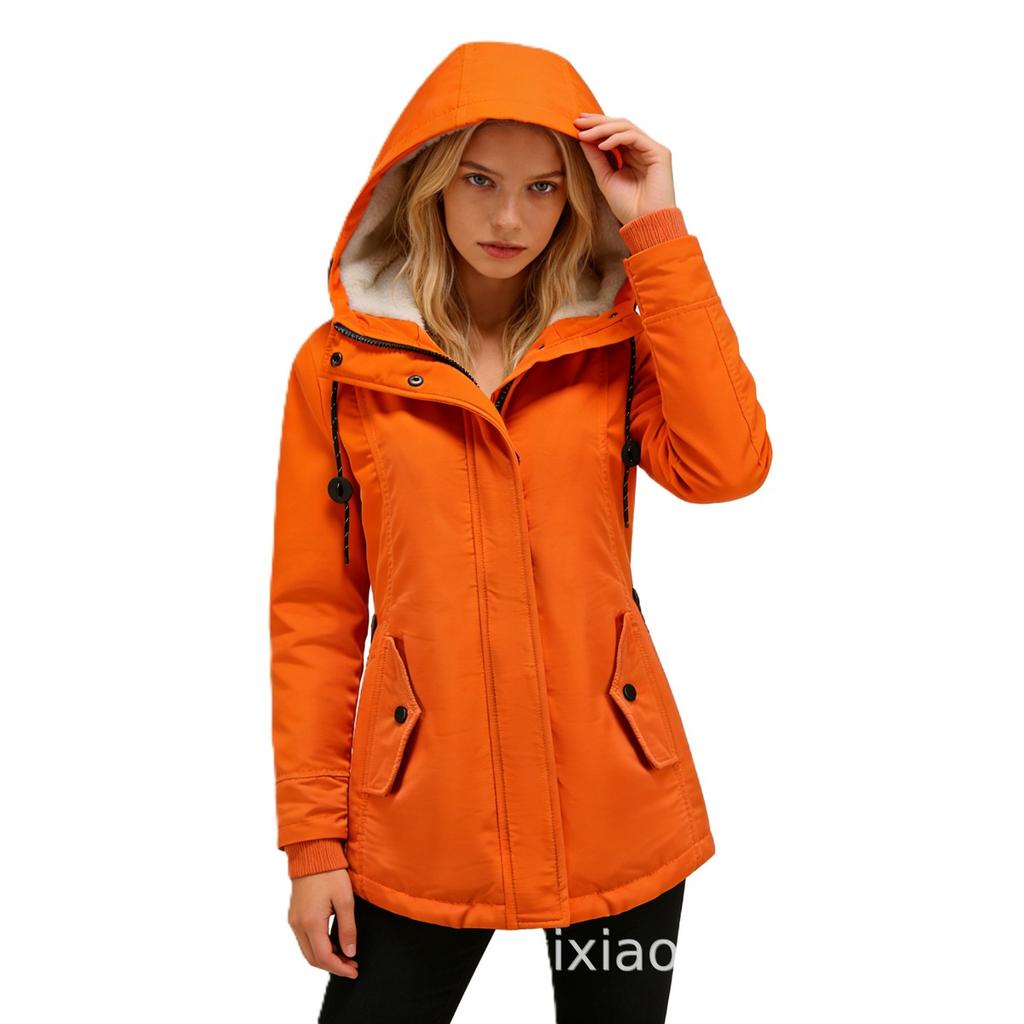 Women's Plus Size Thick Fleece Lined Parka, Winter Autumn Lamb Wool Hooded Mid-length Casual Warm Puffer Coat