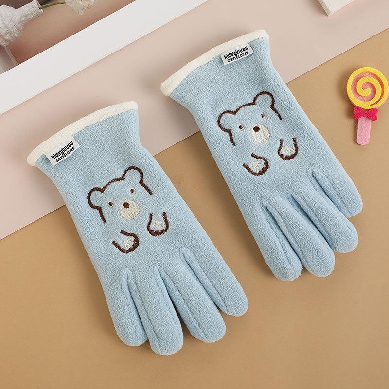 Gants pour enfants hommes et femmes ours de dessin animé brodés automne et hiver extérieur équitation patin à roulettes velours coupe-vent gants chauds