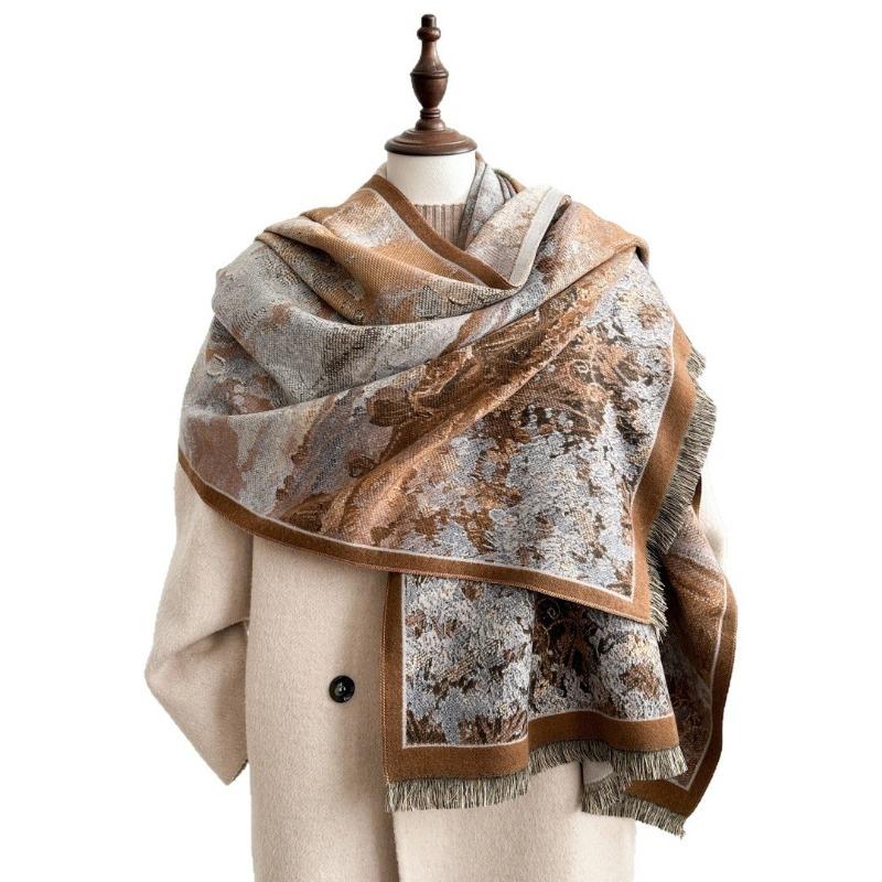 Winter Warm New Imitation Cashmere Scarf Women's High Sense Van Gogh Graffiti Oil Painting Wind Scarf Fleece Windproof Shawl