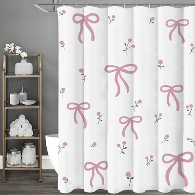 1 Bucată Cortină de Duș Roz Drăguț cu Imprimeu Floral și Fundiță, cu 12 Cârlige, Rezistentă la Mucegai și Impermeabilă, Decorațiune Baie Modernă
