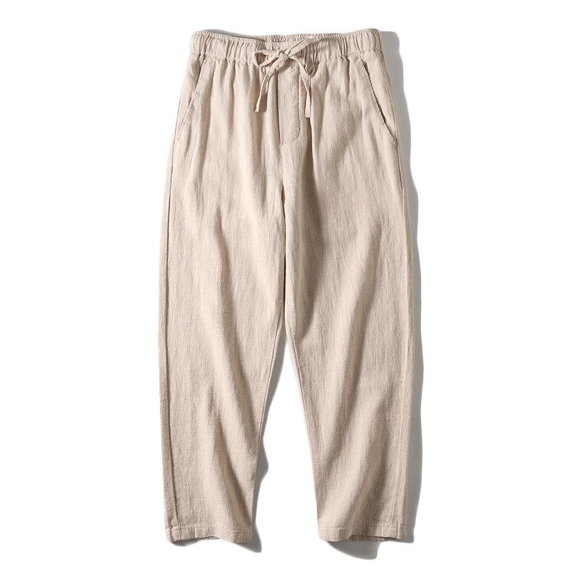 Foreign Trade Export Surplus Natural Ramie Fabric Comfortable Summer Casual Pants for Men with Elastic Waist, Thin Straight-Leg Pants