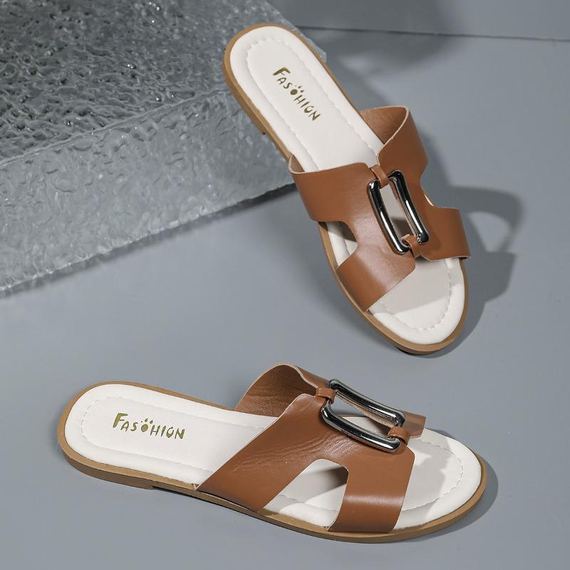 

Fashion Summer New Sandals Women s Fashion Round Head Open Toe Hollow Metal Buckle Soft Sole Anti-slip Wear-resistant Flat Slippers 42 оранжевый