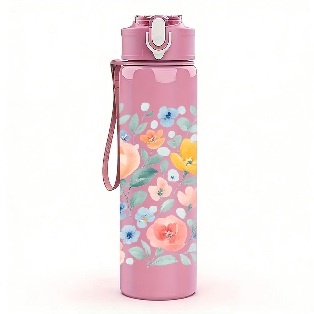 1PC Light Tone Pastel Floral Pattern Print 750ml Color Plastic Sports Water Bottle Leakproof Flip Straw Lid Suitable for Sports Office Home Use