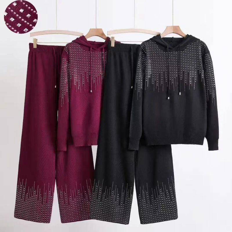 

Cross-Border Foreign Trade Hot Drilling Heavy Industry Temperament Knit two piece Turtleneck sweater Loose Leisure Set Long sleeve Women clothes Burgundy All yards