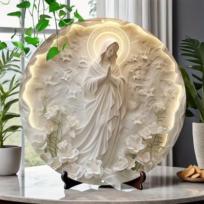 3D Maria Sculpture Wooden Poster Board, 8 Inch Religious Round Wall Art with Garland, Floating Statue Design for Home