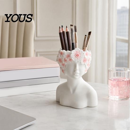 Desktop Storage Organizer Box, with Artistic Side Face Design, Nordic Style Versatile Makeup Luxury Vanity Decor Brush Holder, for Bedroom Dressing