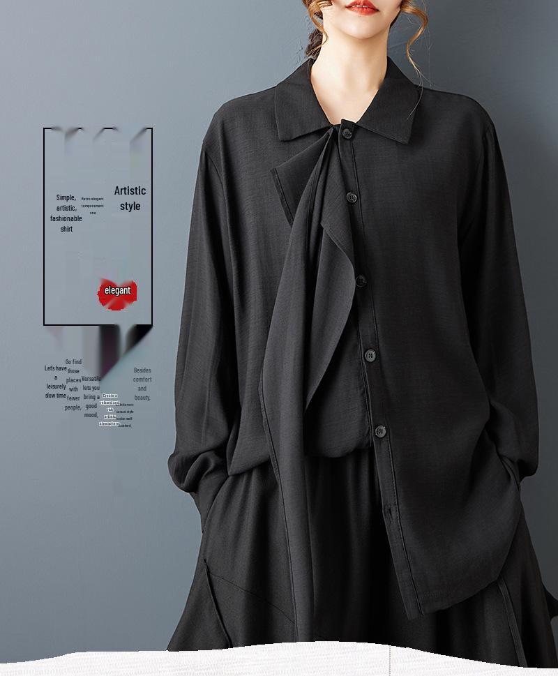 Spring Dark Style Niche Design: Loose Lapel Sashes Shirt & Wide Leg Pants Set