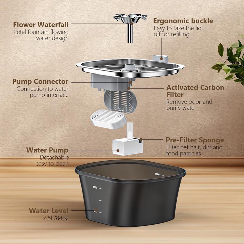 2.5L Stainless Steel Pet Water Fountain with LED Light & Flower Spout