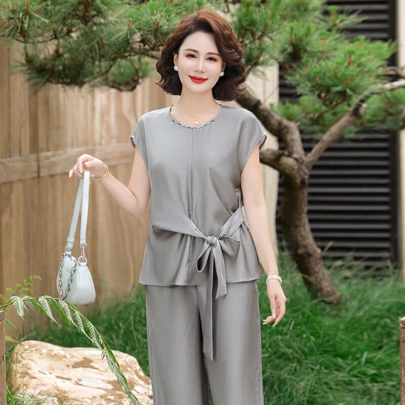Women's Summer Two-Piece Outfit with Tie-Waist Top & Wide-Leg Pants
