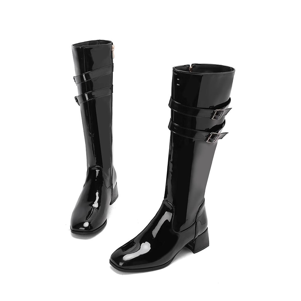 Red Black Women Knee High Boots Round Toe Mid Chunky Heels Small Big Size 32 46