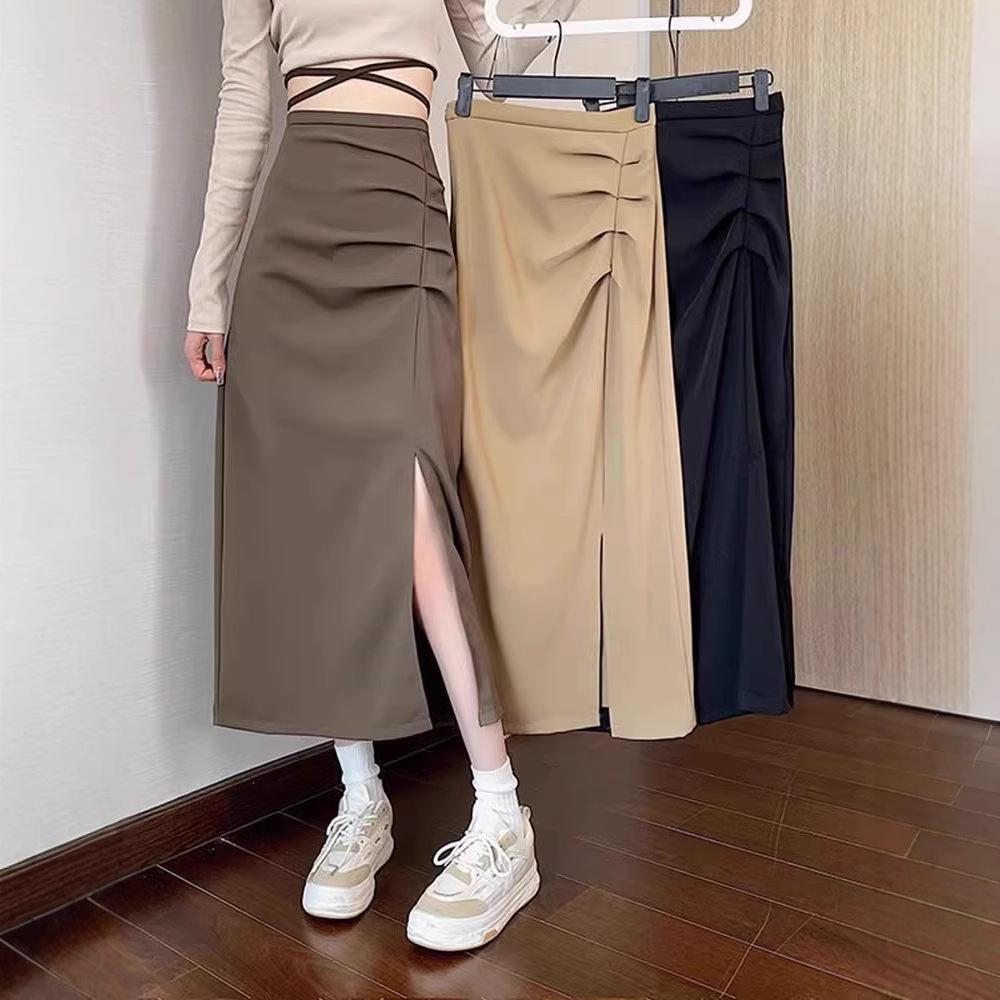 

2024 Stylish Korean High Waist Slim A-Line Slit Mid-Length Skirt Large чорний