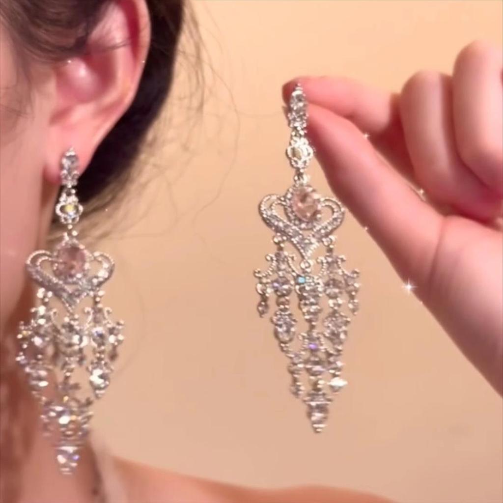 Korean Retro Baroque Pink Crystal Heart Tassel Dangle Earrings - Long Silver Needle Style