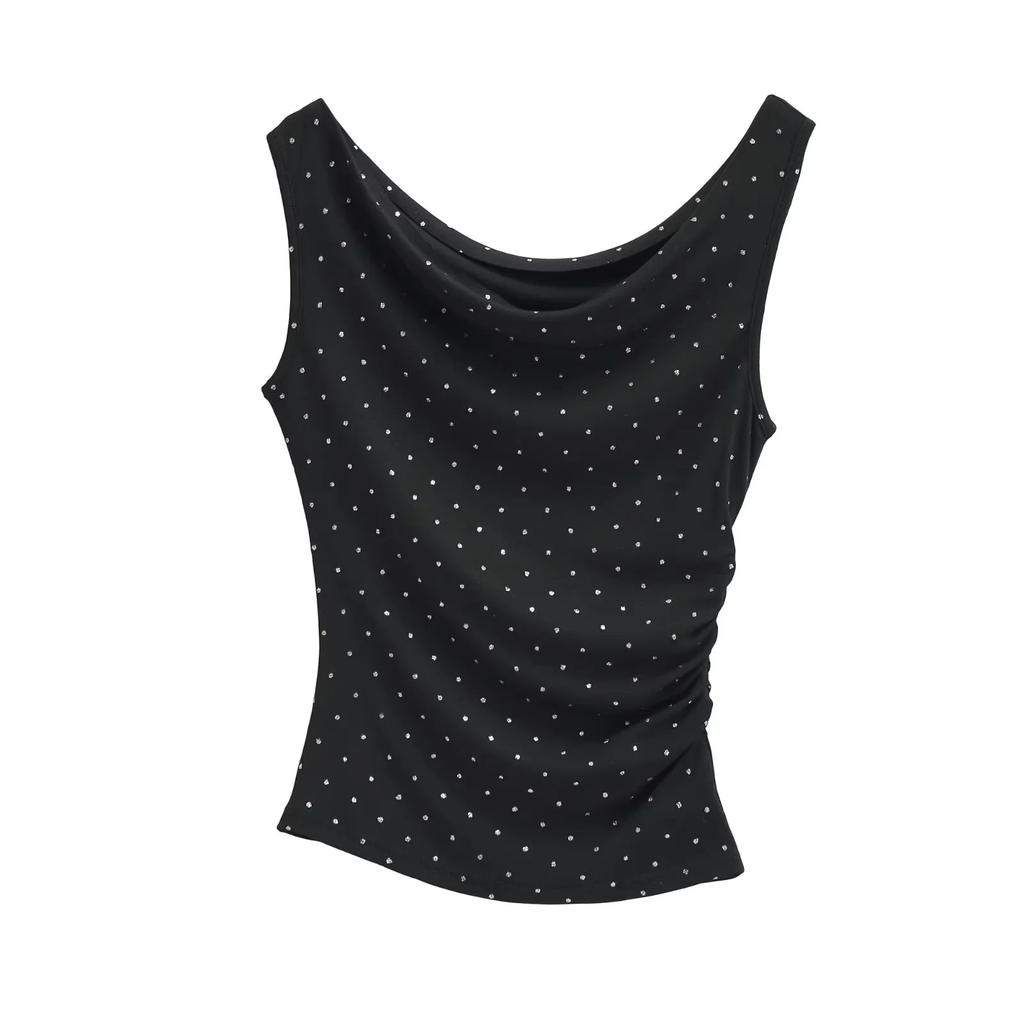 Hot Diamond Sleeveless Off-Shoulder T-Shirt Women's Summer New American Spice Girl Style Waist Pleated Short Bottom Top