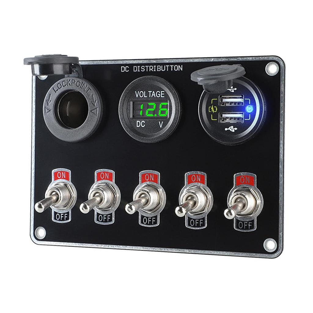Multi-Function 5 Gang Rocker Toggle Switch Panel USB Charger Waterproof Control Relay System Circuit Control Boat Truck RV