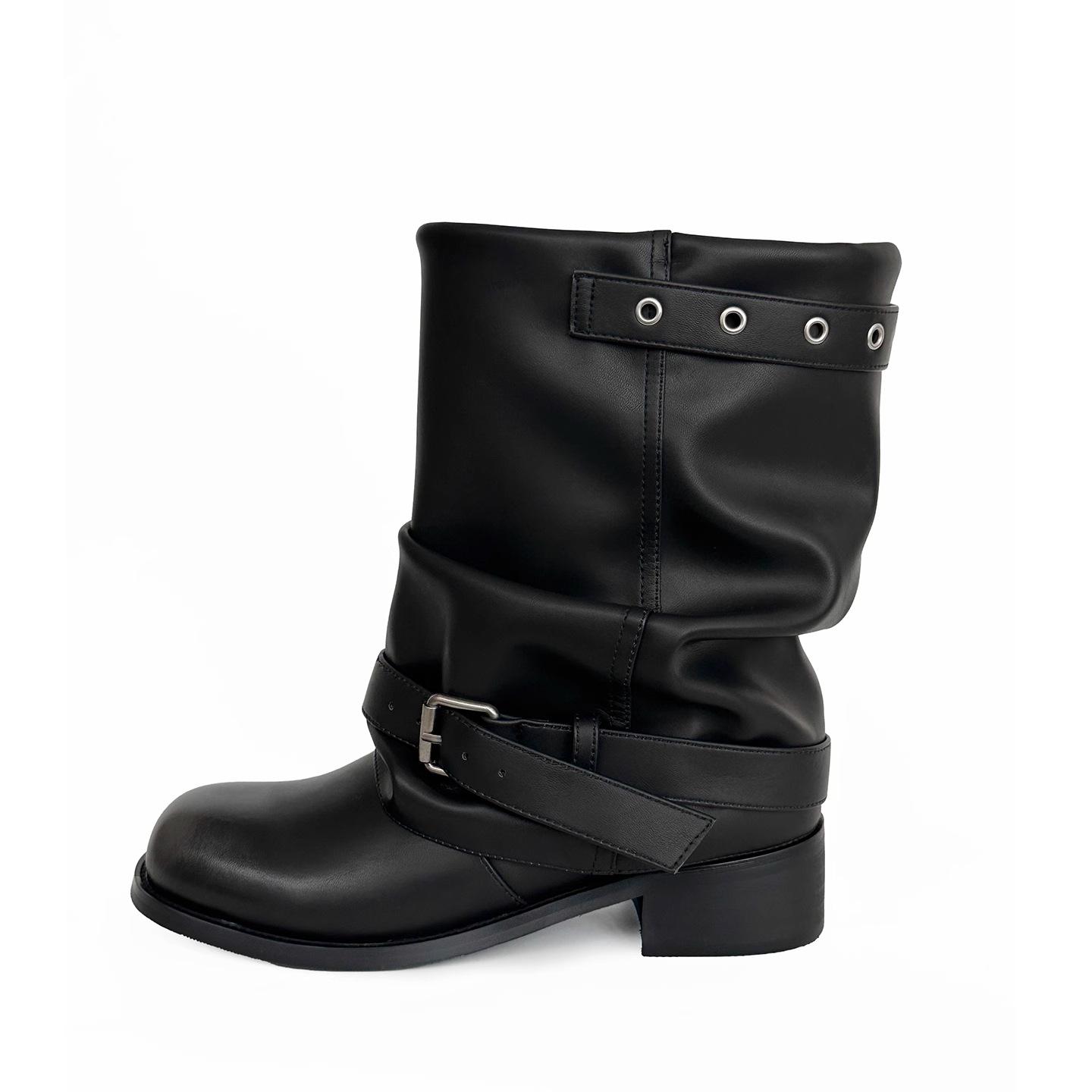 

Женские 2025 Черные До середины икры Со сборками На наборном каблуке Мотоциклетные Вестерн Мартин Ботинки 37 чёрный