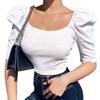 Elastic Women Top Fine Workmanship Cotton Blend Half Puff Sleeve Short T-shirt for Daily