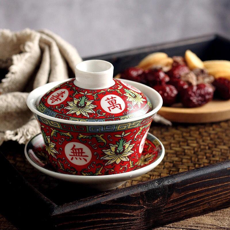 Traditional Chinese Jingdezhen Ceramic Tureen Porcelain Gaiwan Red