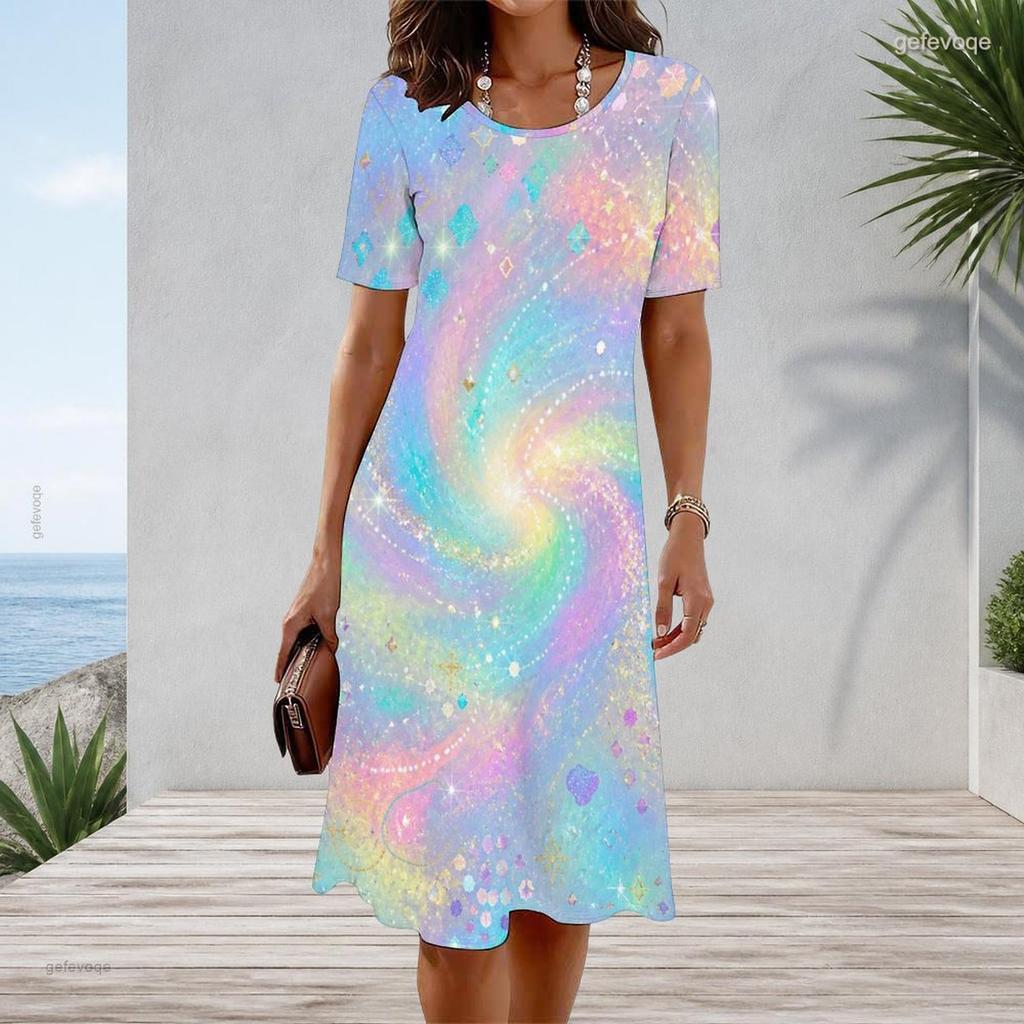 Women Plus Size Round Neck Short Sleeve Black Multicolor Printed A Line Flared Midi Dress