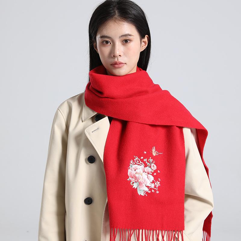 Embroidered 100 wool scarf, solid color shawl, versatile autumn and winter scarf, simple tassel red scarf