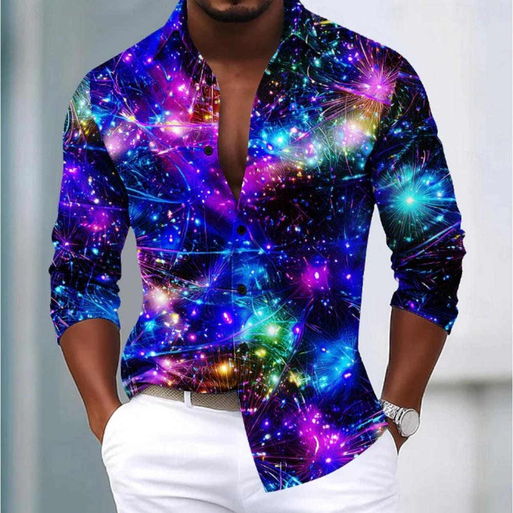 Men's Shining Pattern Printed Long Sleeve Shirts Casual Cardigan New Button Holiday Fashion Shirts