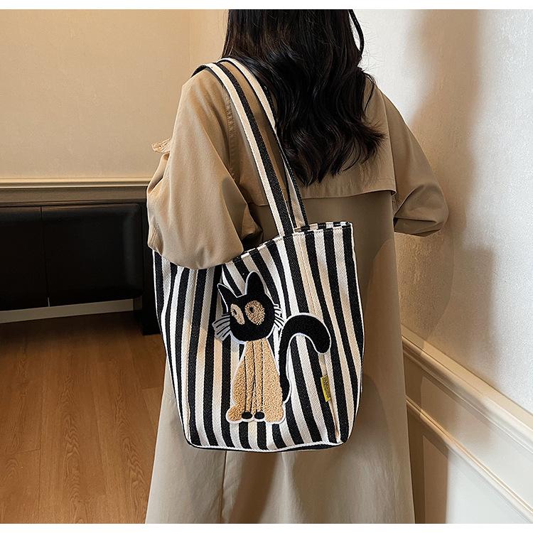 Korean Striped Cartoon Chenille Embroidery Canvas Bag - Large Capacity Cute Girl's Trendy Tote