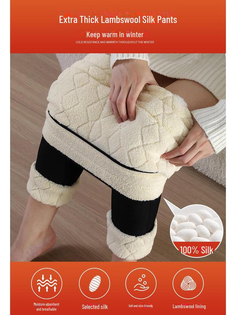 Women's High Waist Thick Wool Blend Leggings Extra Warm Fleece-Lined Knee Pad Pants