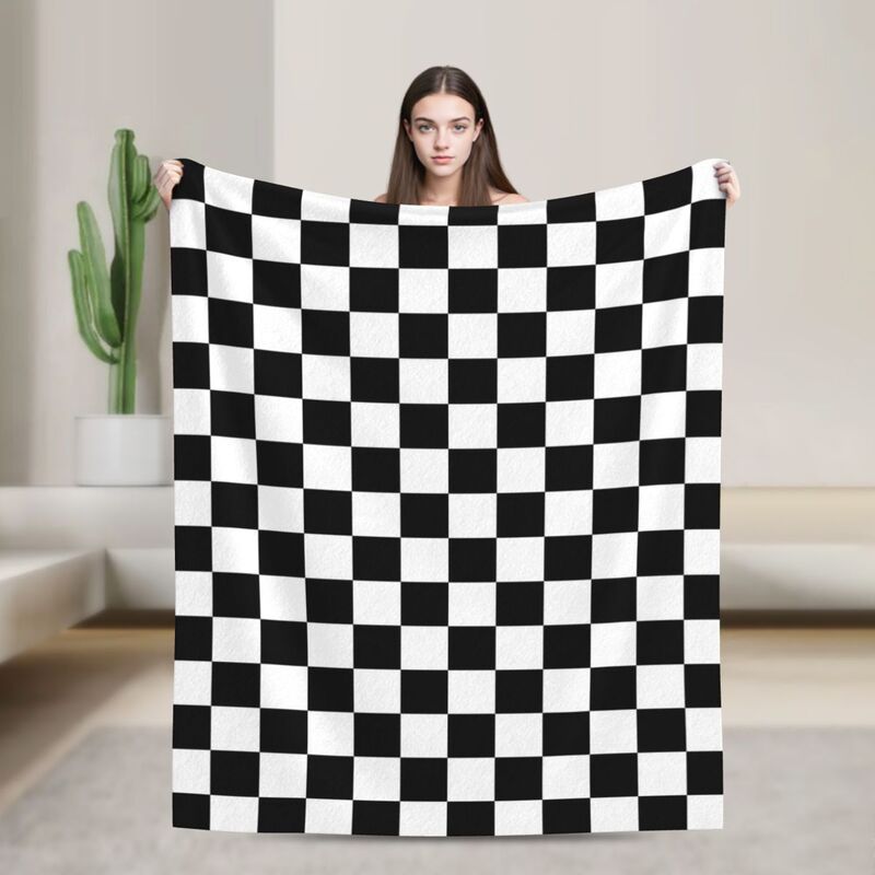 Schwarz-Weiß Karierte Renn-Flanell-Fleece-Decke Weich Warm Leicht Gemütlich Anti-Pilling Flauschige Überwurfdecke für Bett Sofa