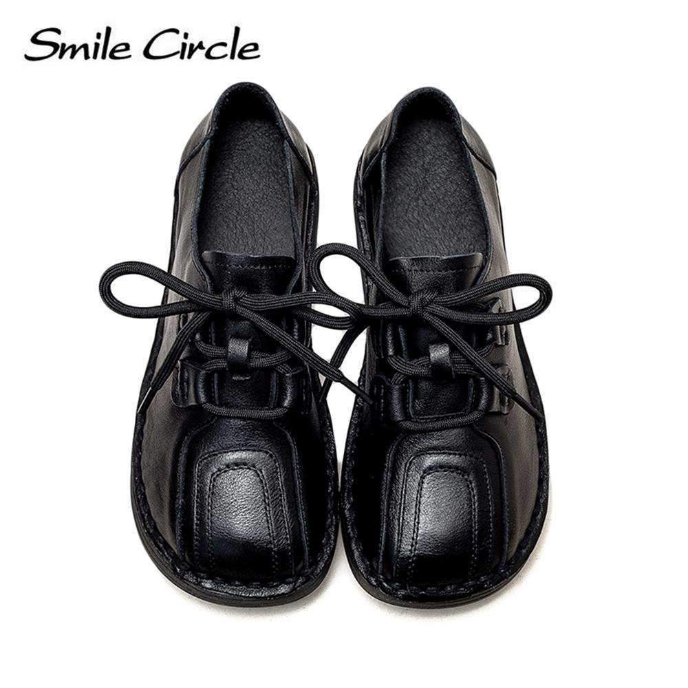 Natural Leather Women's Flat Shoes Lace-up Round Toe Casual Shoes Fashion Retro Work Shoes