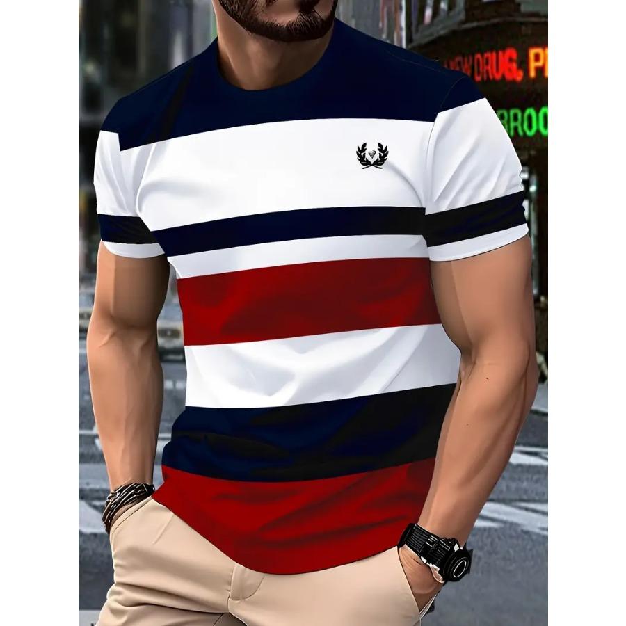 Men Novel Striped 3D Print T-shirts Beachwear Letters Stretch Polyester Sports Short Sleeve Tops