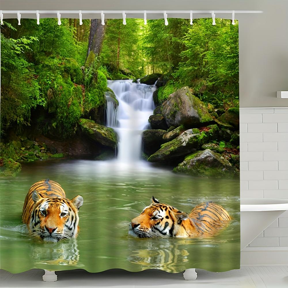 

Summer Forest Waterfall Tiger Shower Curtain Greenery Nature Landscape Bathroom Decor Fabric Panel With Hooks Washable W60H190(CM)-1 Pcs