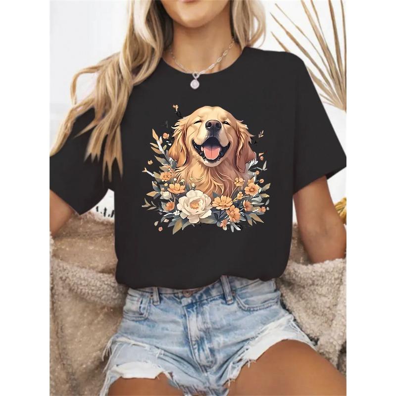 European Sizes 1pc Women'S Casual Short Sleeve T-Shirt - Golden Retriever & Floral Print, White Smiling Dog with Roses & Butterflies