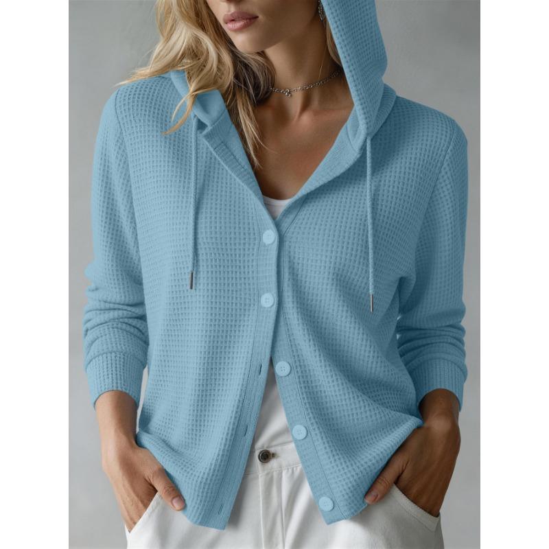 Cappotto Cardigan da Donna con Cappuccio, Manica Lunga, a Maglia Waffle