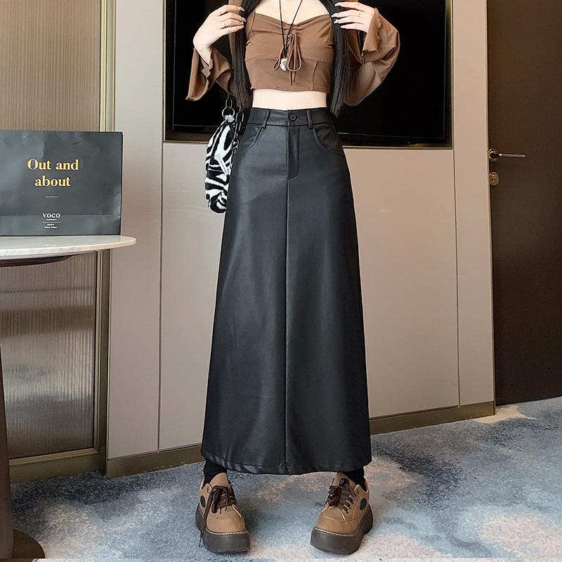 A-line Slit Leather Skirt for Women Autumn Winter High-waisted Black PU Midi Skirt Black Korean Fashion Female Clothing