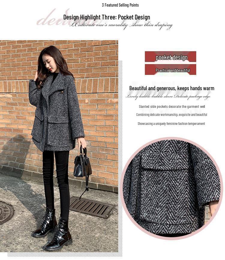 2025 Autumn/Winter Plaid Petite Woolen Coat - Mid-Length, Loose Fit for Women
