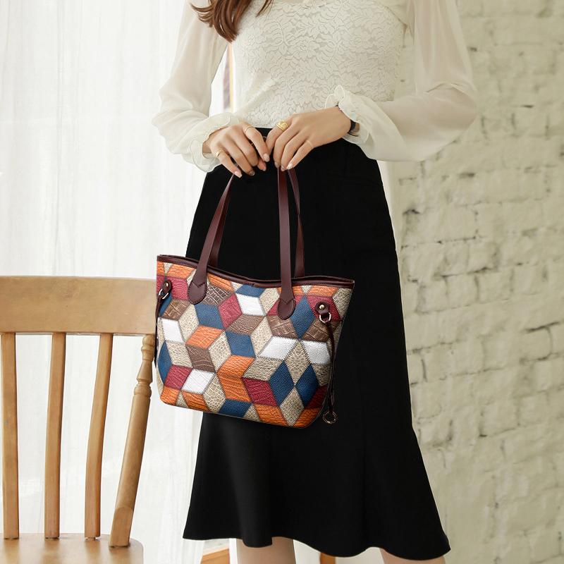 2pcs Geometric Pattern Tote Bag Set, Fashion Shoulder Bag, Women's Large Handbag With Clutch Coin Purse