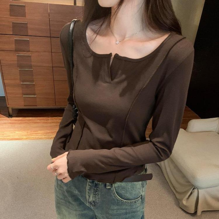 Versatile Long Sleeve T Shirt for Women New Style Slimming Pure Desire Bottoming Retro Spring and Autumn