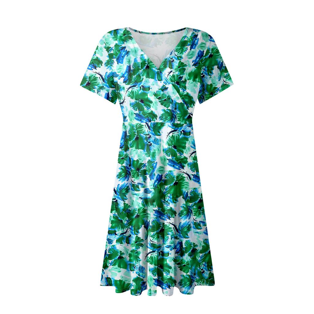 Women's Summer Dress Loose Beach Vacation Casual Deep V Neck Short Sleeve Dress Elegant Dress
