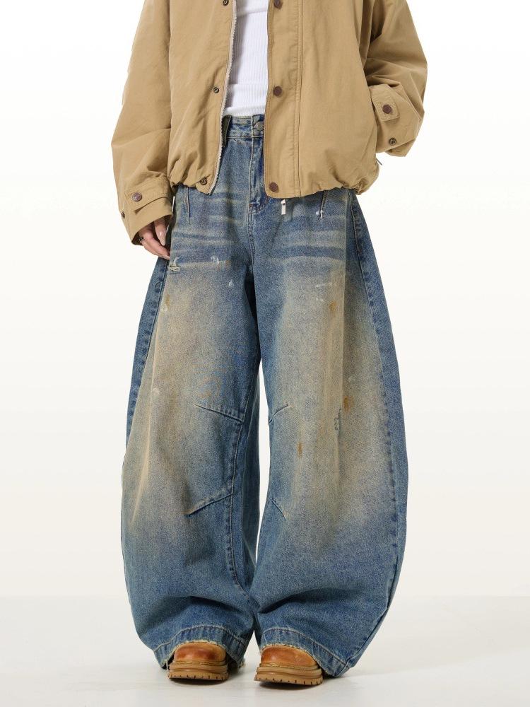 Unisex Retro Washed-Out Loose Fit Wide-Leg Jeans