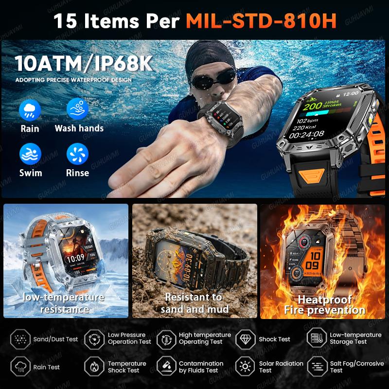 New Military 1400mAh Battery Smart Watch 2.01-inch AMOLED Screen LED Flashlight Waterproof BT Call Sports Smartwatch Men