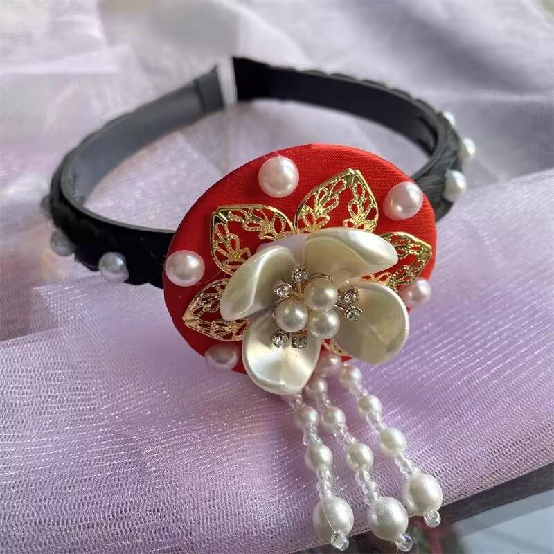 Korean Traditional Dance Hairband for Children: Ethnic Cute Round Hanbok Headdress with Pearls
